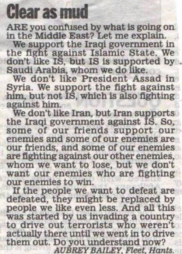 the situation in the middle east is clear as mud, short newspaper article, friends and enemies