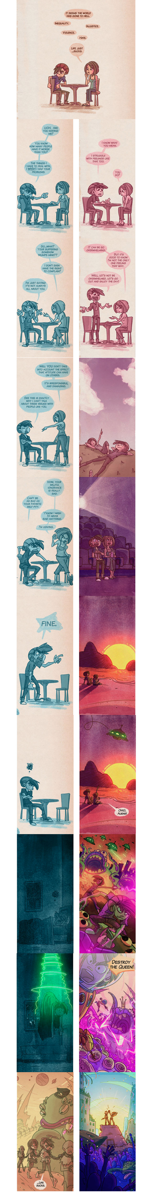 an important reminder to be good to people, comic, two situations and ways of responding to venting or complaining