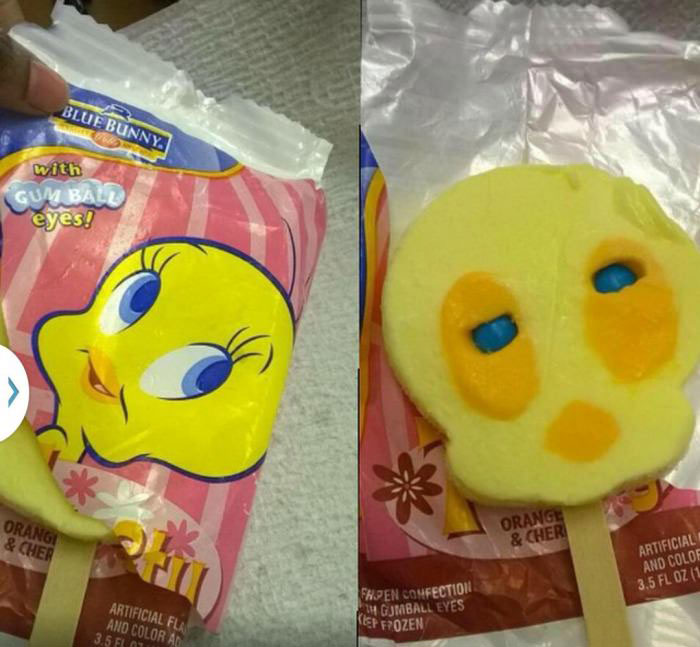 a girl's profile picture versus what she looks like in real life, tweetie bird popsicle