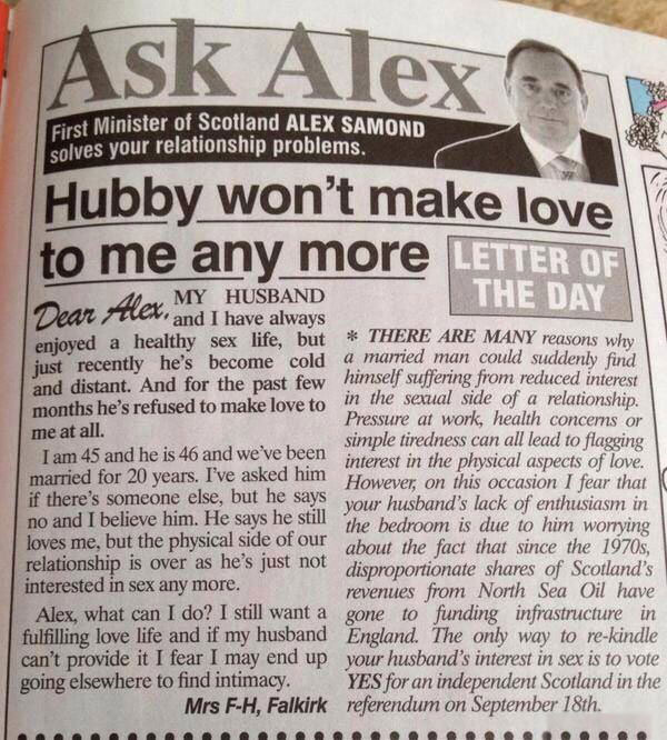hubby won't make love to me anymore, vote yes for an independent scotland in the referendum on september 17th