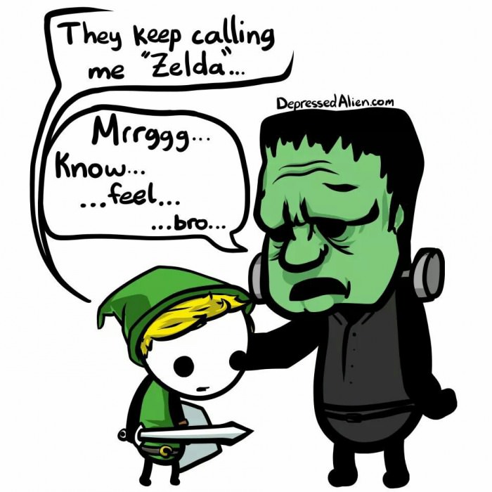 they keep calling me zelda, know feel bro, link and frankenstein's monster
