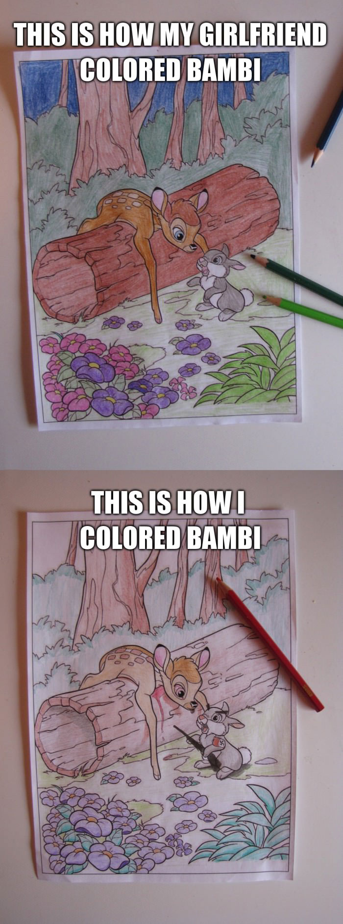 this is how my girlfriend coloured bambi, this is how i coloured bambi, lol, dark humour