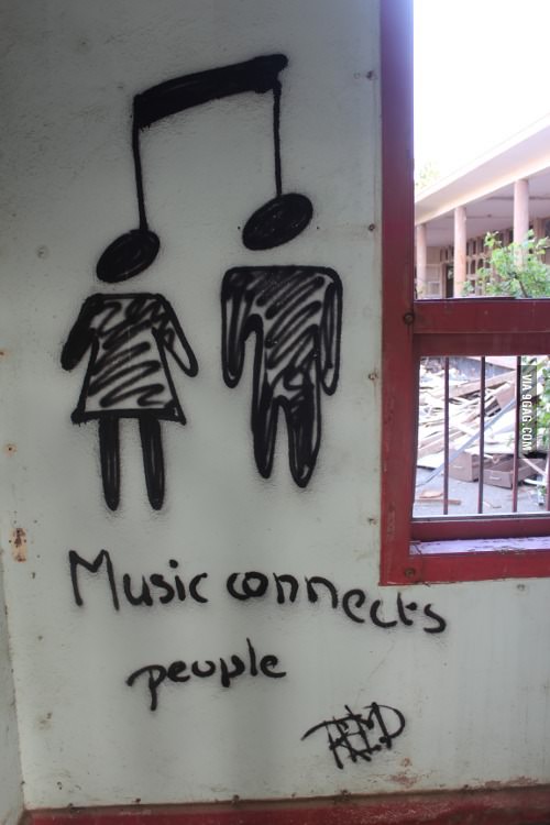 music connects people, symbolic graffiti of a musical note as two heads