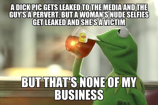 a dick pic gets leaked to the media and the guy's a pervert, but a woman's nude selfies get leaked and she's a victim, but that's none of my business, kermit the frog meme