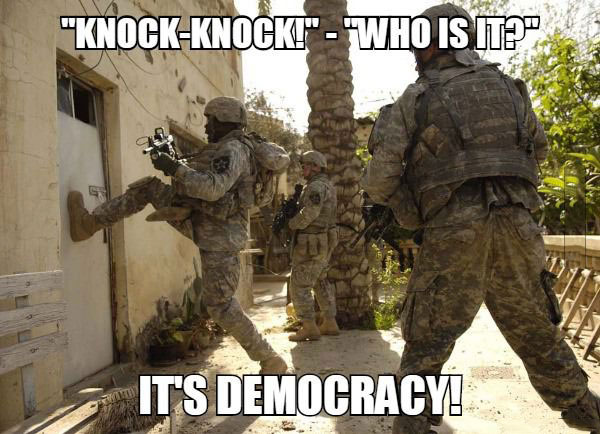 knock knock, who is it, it's democracy, meme