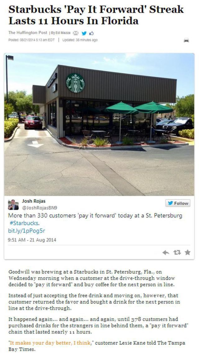 starbucks pay it forward streak lasts 11 hours in florida, faith in humanity restored