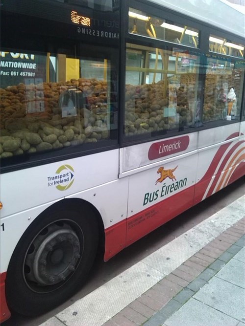 only in ireland would you see a city bus full of potatoes
