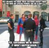 just because you wear those costumes doesn't mean you have any special powers are we clear?, yes superman we're sorry it won't happen again, meme, cops, spiderman, catwoman