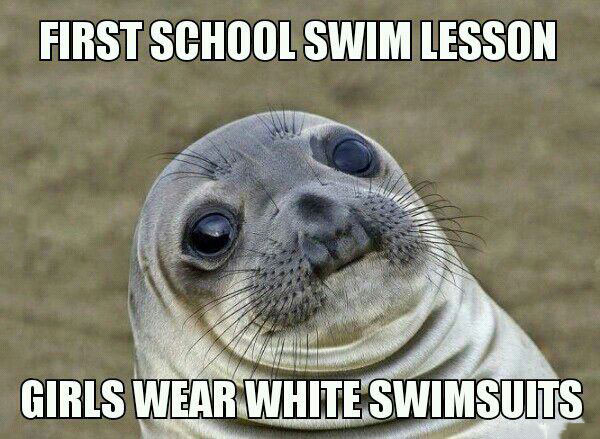 first school swimming lesson, girls wear white swimsuits, awkward moment seal, meme
