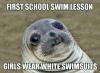 first school swimming lesson, girls wear white swimsuits, awkward moment seal, meme