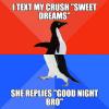 i text my crush sweet dreams, she replies good night bro, friend zone, socially awkward penguin, meme