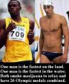 one man is the fastest on the land, one man is fastest in the water, both smoke marijuana to relax and have 26 olympic medals combined