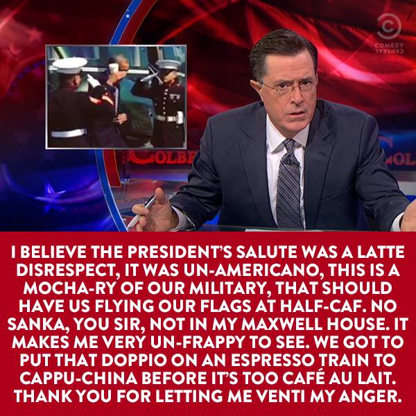 stephen colbert's word play on obama's latte salute
