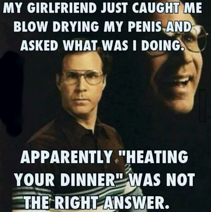 my girlfriend just caught me blow drying my penis and asked what i was doing, apparently heating your dinner was not the right answer, meme, joke