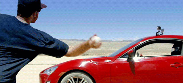 perfect timing baseball pitch through fast driving car, epic, cool, win
