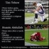 time tebow, prays before game, during game and after game, considered a religions role model, husain abdullah, prays once after a touch down, muslim, considered outrageous and penalized, hypocrite nfl