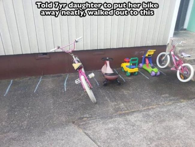 told my 7yr daughter to put her bike away neatly, walked out to this