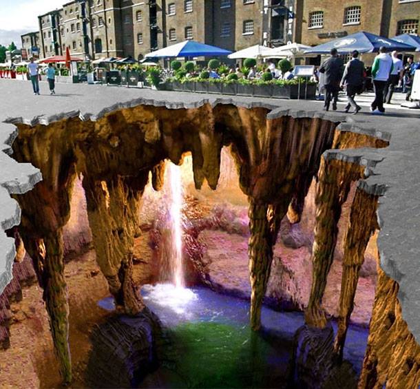 amazing 3d street art of a waterfall cave pool