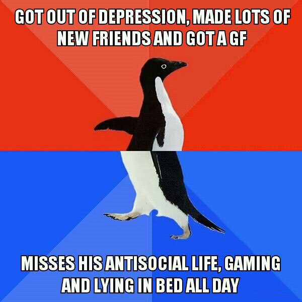 go out of depression, made lots of friends and got a gf, misses his antisocial life of gaming and lying in bed all day, socially awkward penguin, meme
