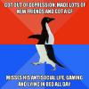go out of depression, made lots of friends and got a gf, misses his antisocial life of gaming and lying in bed all day, socially awkward penguin, meme