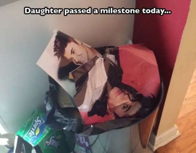 daughter passed a milestone today, justin bieber poster in the garbage