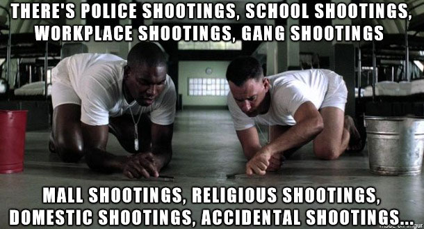 when a foreign friend asks about shootings in the us, forrest gump listing scene, meme