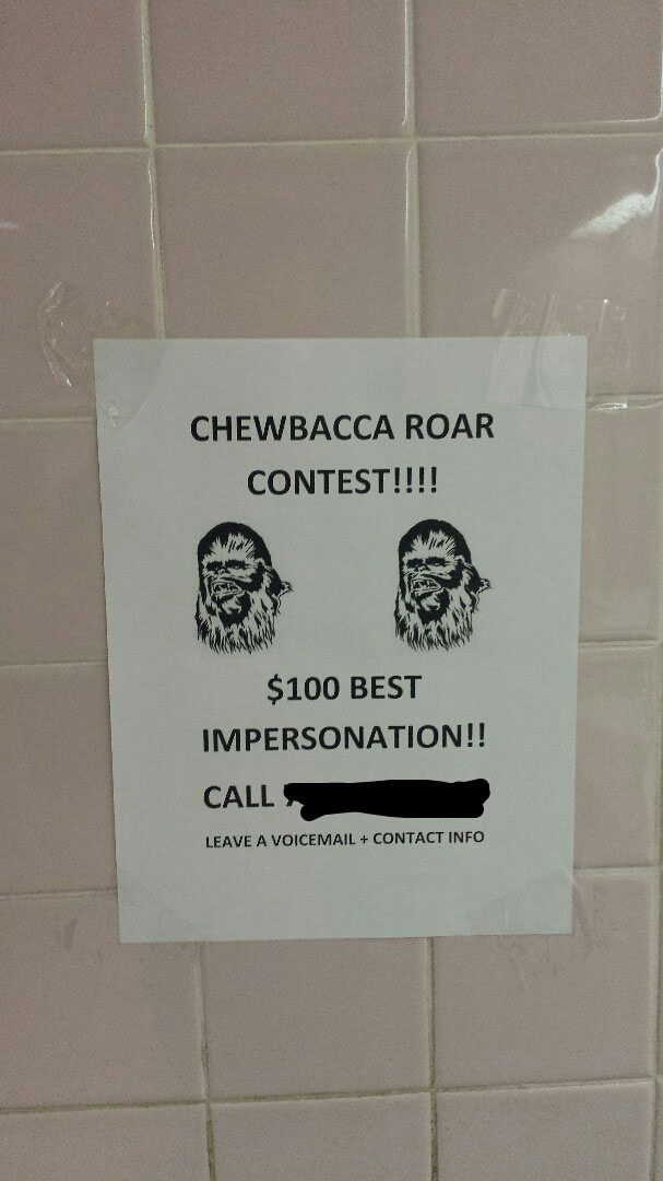 chewbacca roar contest, $100 for the best impersonation, call and leave a voicemail, troll, prank