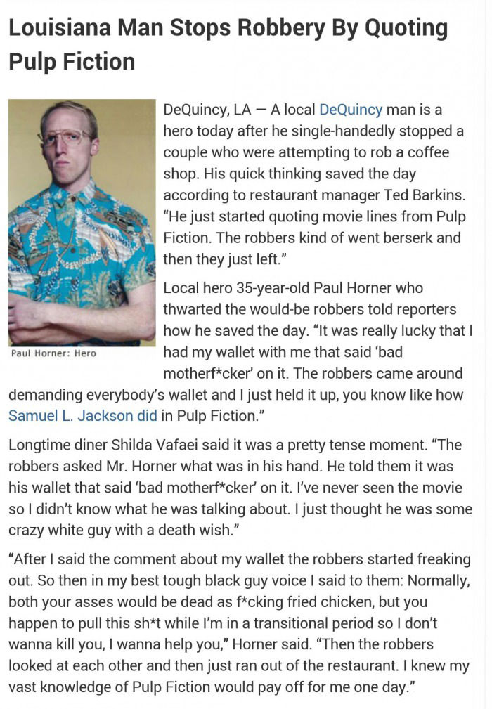 louisiana man stop robbery by quoting pulp fiction, story, lol