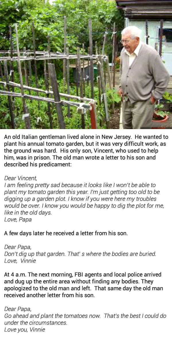 father writes a letter to his son in prison, an old italian gentleman lived alone, he wanted to plant his annual tomato garden