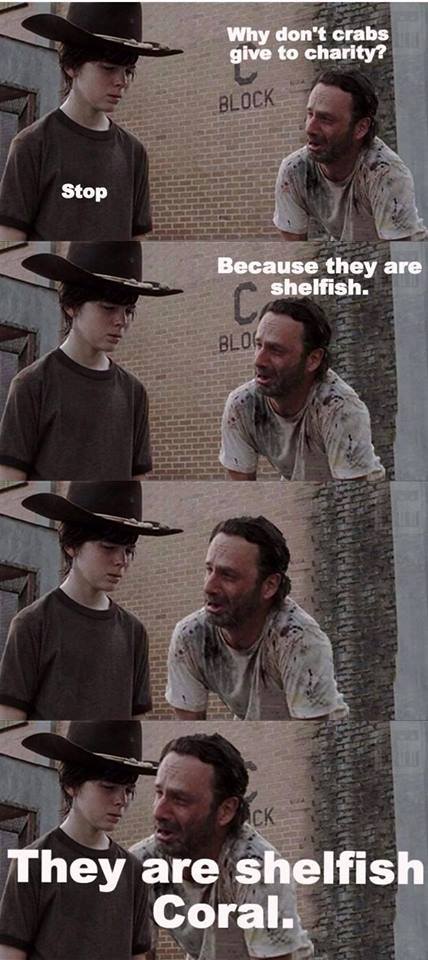 what don't crabs give to charity, because they are shellfish, they are shelfish coral, the walking dead, meme, joke
