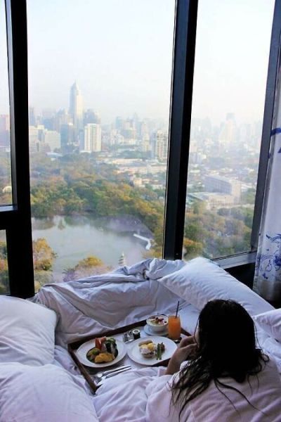 beautiful view from a high rise apartment bedroom