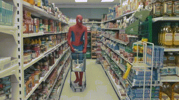 spiderman grocery shopping breaks down when he finds a box of uncle ben rice, lol