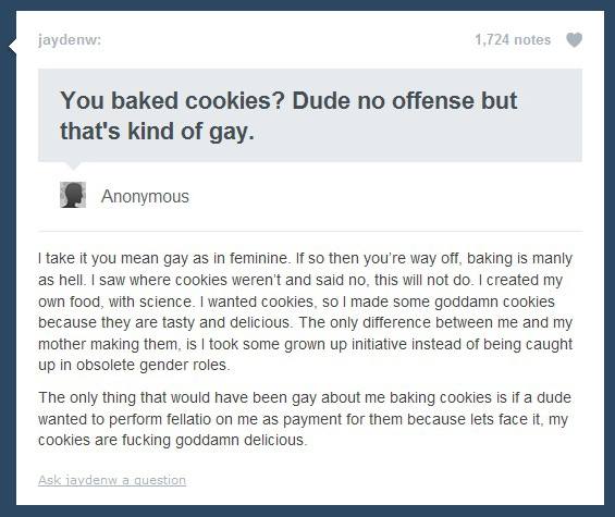 you baked cookies, dude no offence but that's kind of gay, best response to a homophobe ever