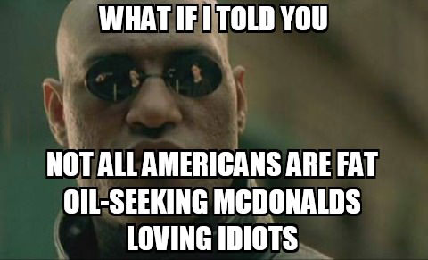 what if i told you not all americans are fat oil seeking mcdonalds loving idiots, morpheus meme