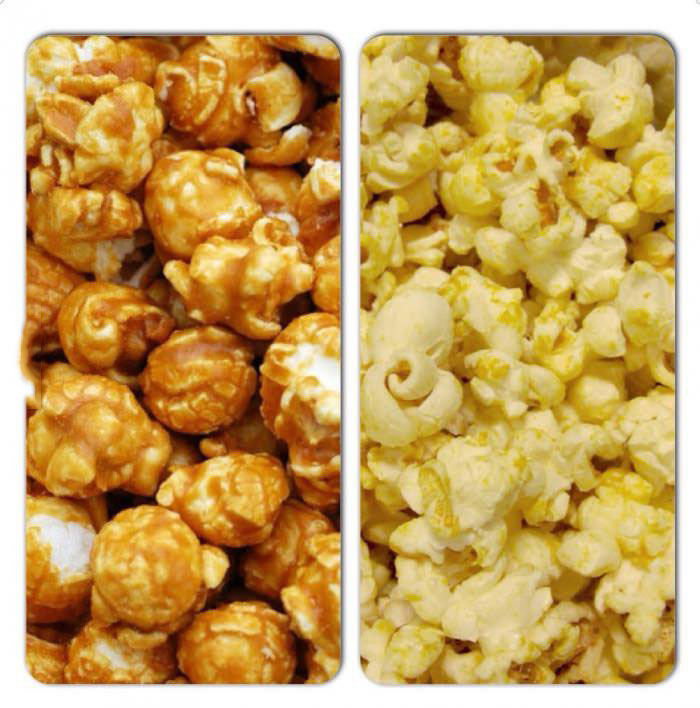 there are two kinds of people in this world, caramel popcorn, butter popcorn