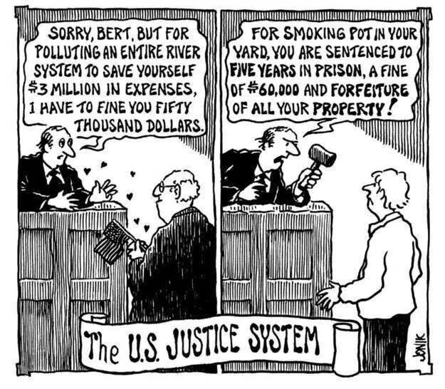 the us justice system, coporations get a slap on the wrist while soft drug users get hard time