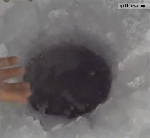 how to make ice fishing look really easy, fish comes up out of ice hole
