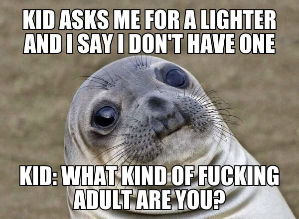 kid asks me for a lighter and i say i don't have one, what kind of adult are you?, awkward moment seal, meme