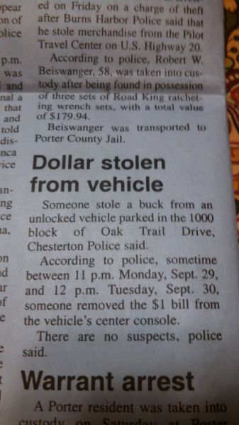 dollar stolen from vehicle, newspaper article, wtf