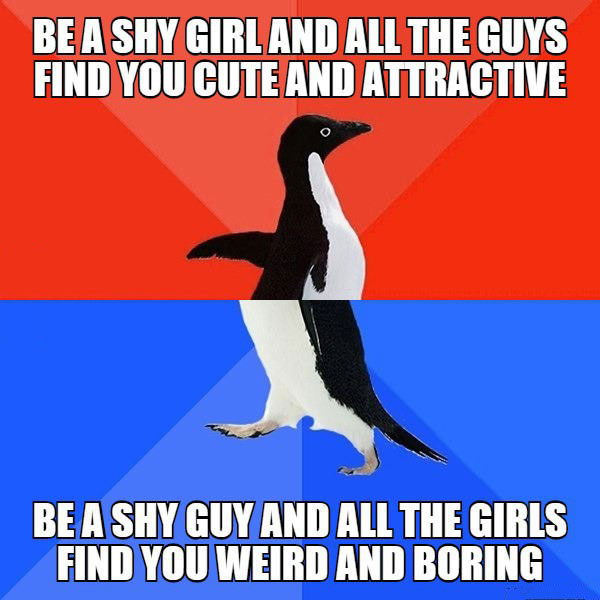 be a shy girl and all the guys find you cute and attractive, be a shy guy and all the girls find you weird and boring, socially awkward penguin, meme