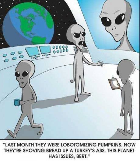 last month they were lobotomizing pumpkins, now they're shoving bread up a turkey's ass, this planet has issues bert, aliens on earth