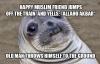 happy muslim friend jumps off the train and yells allah akbar, old man throws himself to the ground, awkward moment seal, meme