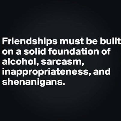 friendships must be built on a solid foundation of alcohol, sarcasm, inappropriateness and shenanigans