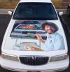 bob ross painting on a car hood of a painting of a space pizza cat on a car hood