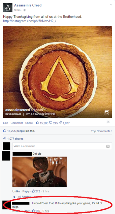 assassin's creed pie, i wouldn't eat that, if its anything like your game its full of bugs