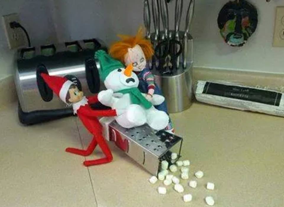 elf and chucky making marshmallows from frosty, cheese grater, lol, christmas