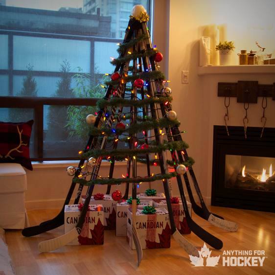 canadian christmas tree, hockey sticks and beer