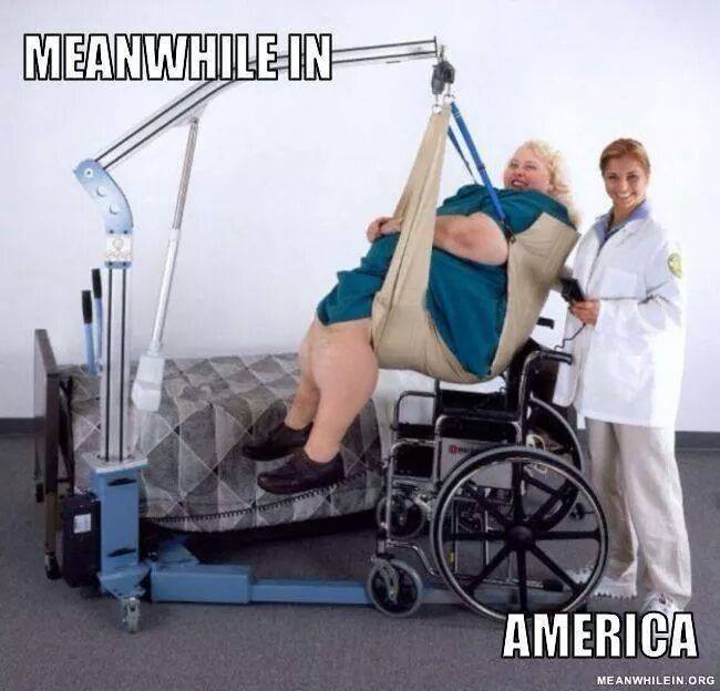 meanwhile in america, obese woman lifted out of wheel chair into bed, meme, wtf
