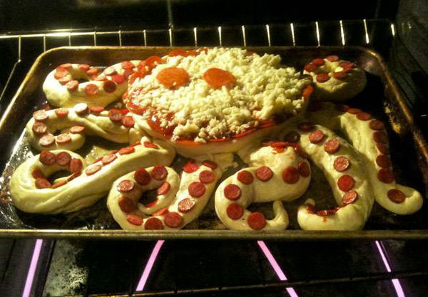 the tentacles are filled with cheese, pizza octopus