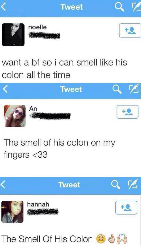 want a bf so i can smell like his colon all the time, the smell of his colon on my fingers, twitter fail, spelling, cologne